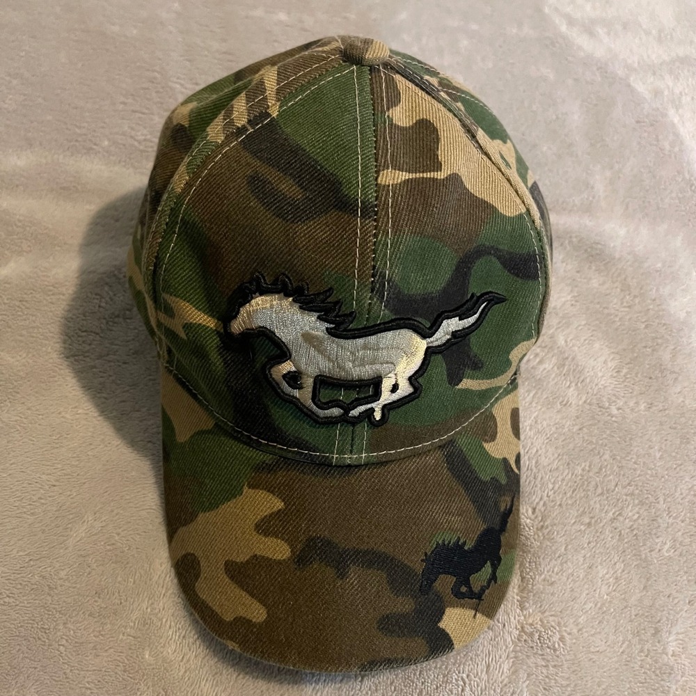Vintage Golden Lion Ford Mustang Camo Baseball Hat Mens OSFA Hook Loop Cap Y2K